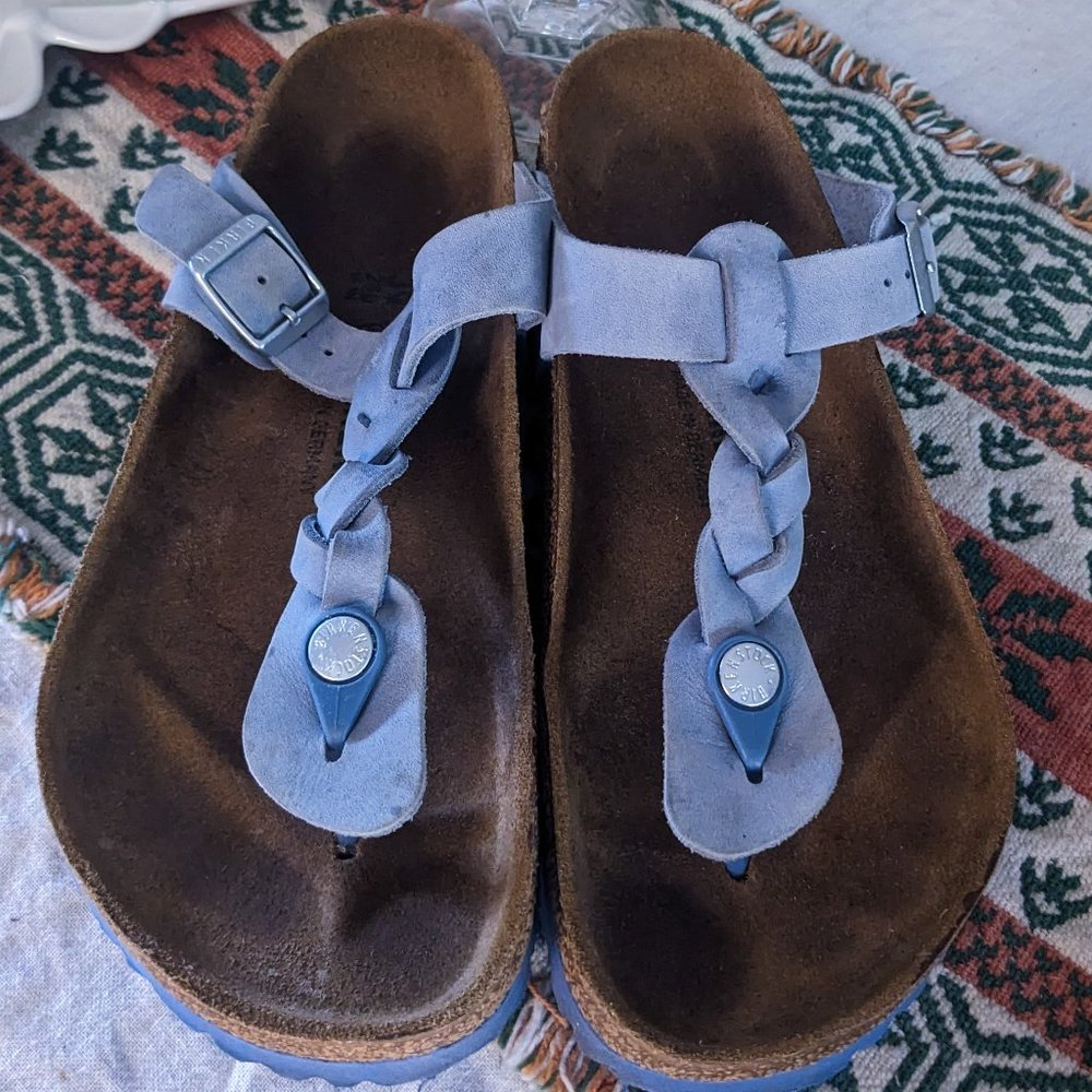 Gizeh Oiled Leather Dusty Blue Gently Used Tongue Sandals, EU 39, US 8-8.5